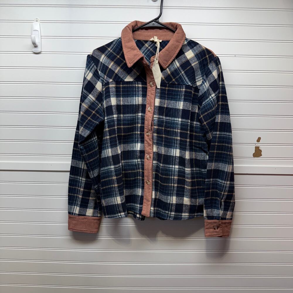 NWT Hem & Thread Button Up Plaid Shirt w/Corduroy Trim Oversized Size S